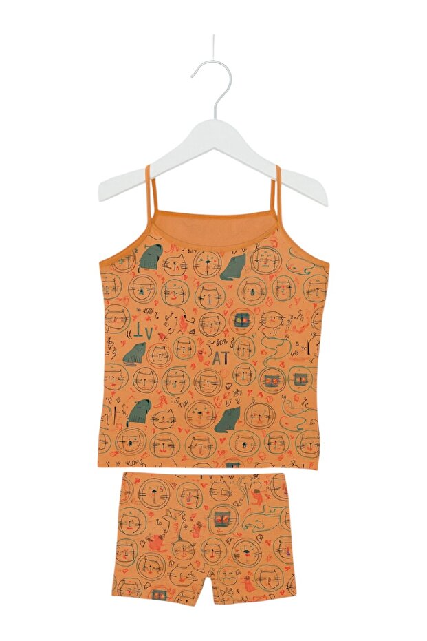 Girl's Orange Cat Printed Cotton Shorts Set