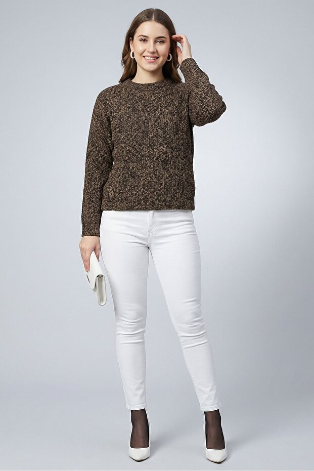 Women Crew Neck Knitted Long Sleeve Sweater, Multicolor