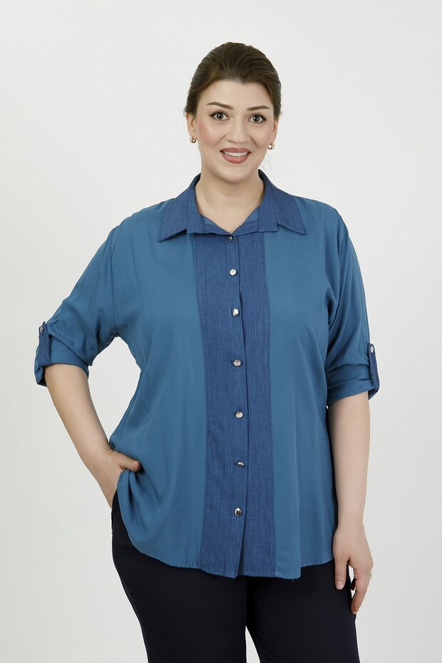 Women's Blue Garnished Viscose Plus Size Shirt
