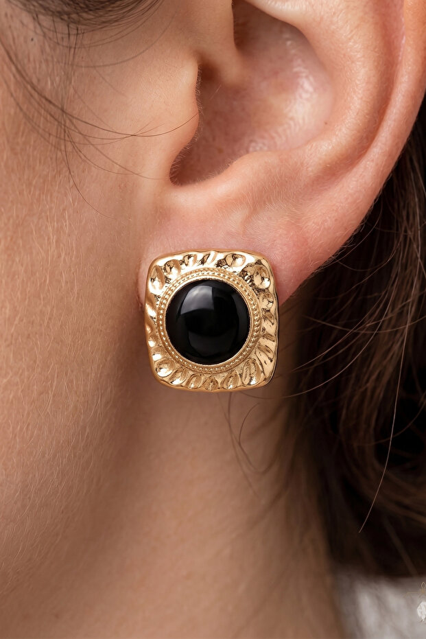 Gold Quadrilateral Vintage Black Enamel Earrings