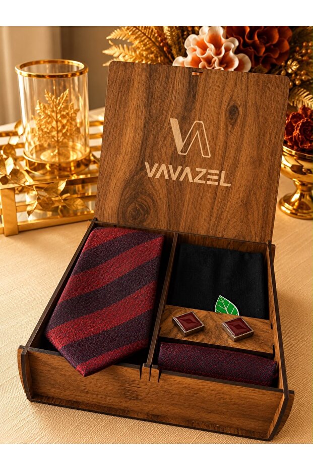 Premium Wooden Boxed Men's Tie Set – 7.5 cm Classic Burgundy Striped Patterned Tie, Handkerchief, Socks, and Cufflinks Gift Set