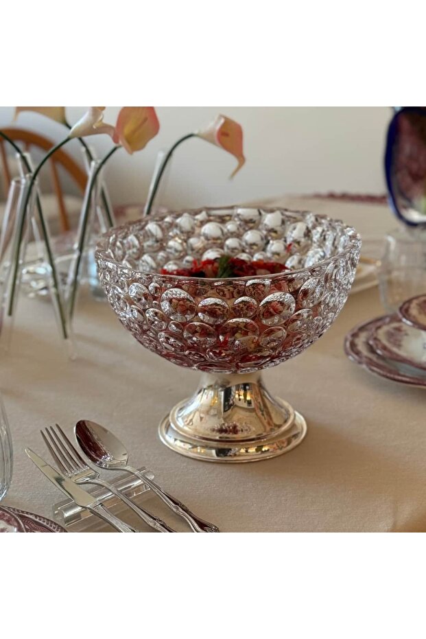 Crystal Bubbly Silver Footed Bowl 25 cm