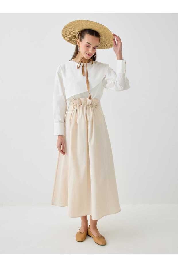 Beli Gathered and Stopper Detailed Flared Skirt - Beige -