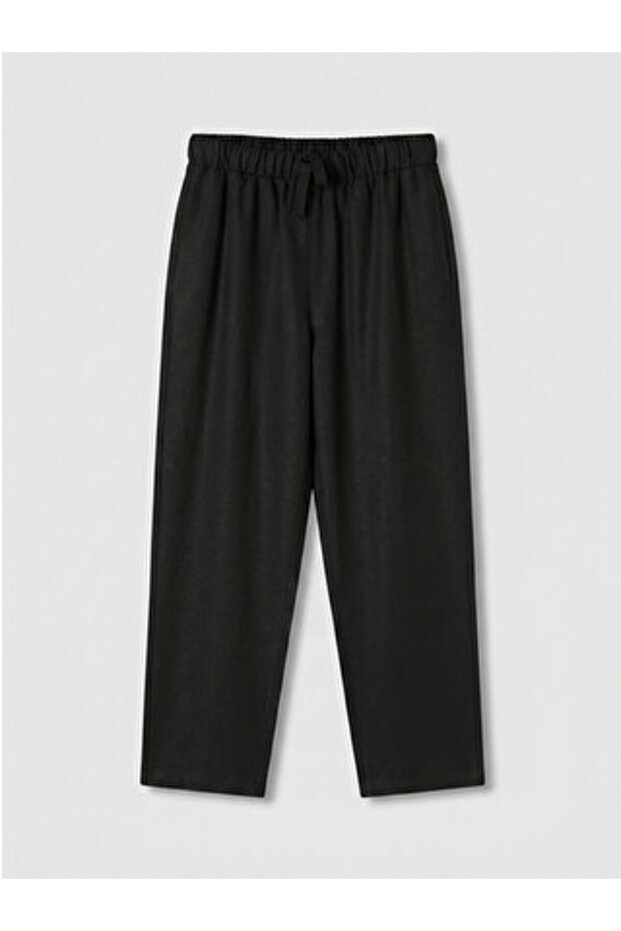 Black Women's Linen Blend Trousers with Elastic Waist