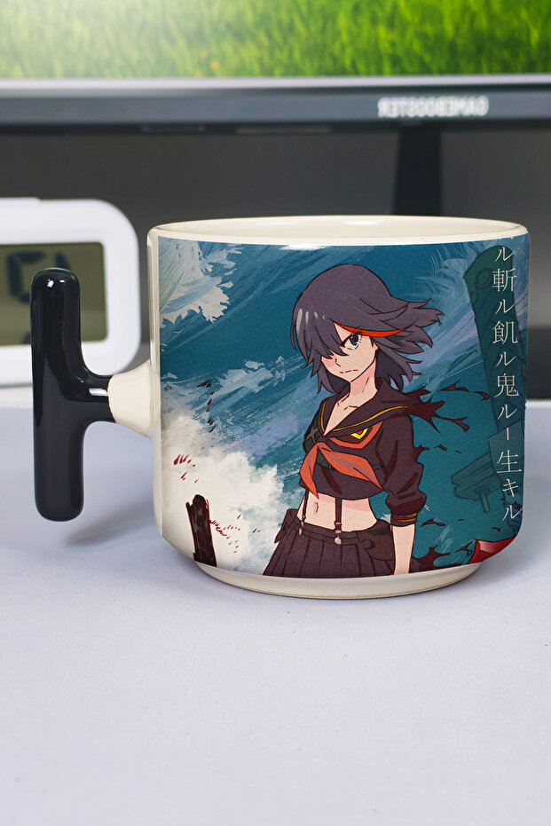 كوب سيراميك فاخر مطبوع عليه رسومات أنمي Kill la Kill (قطعة واحدة) على شكل حرف T بمقبض أسود مميز V3T