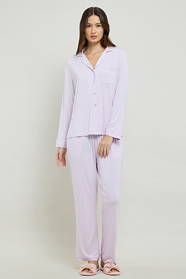 Solid Lapel Collar Pyjama Set - 7