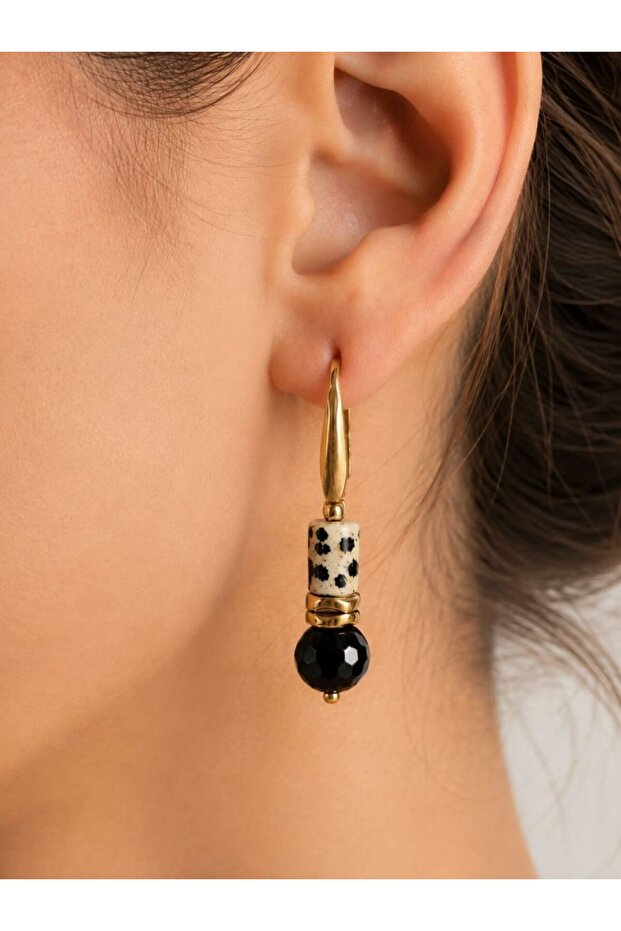 Dalmatian Jasper and Onyx Stone Dangle Steel Earrings | Natural Stone Earrings