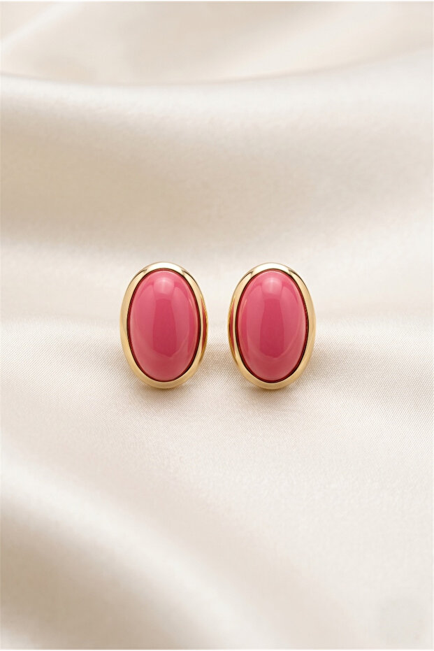 Dark Pink Stone Gold Color Framed Minimal Oval Earrings