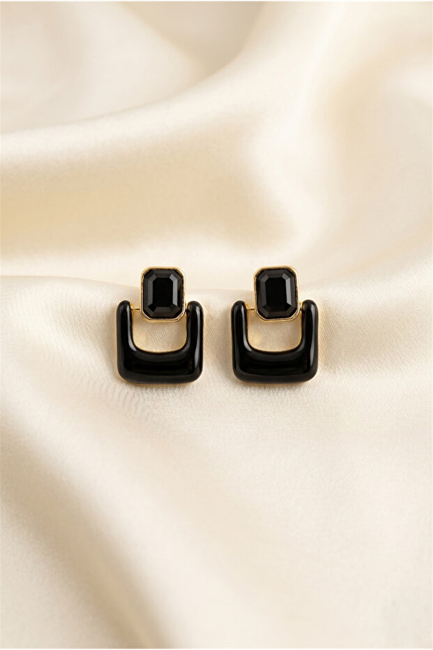Black Enamel Gold Color Geometric Square Earrings with Black Stone Detail