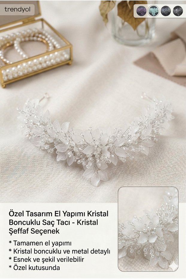 Handmade Crystal Beaded Hair Crown 30 cm - Stylish Dark Gray Stone Special Design Accessory - Bridal Crown