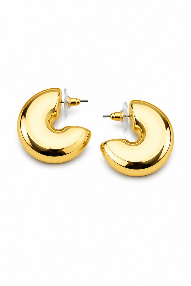 Women's Yellow Plated Steel Hoop Earrings - Thick Curved C Earrings