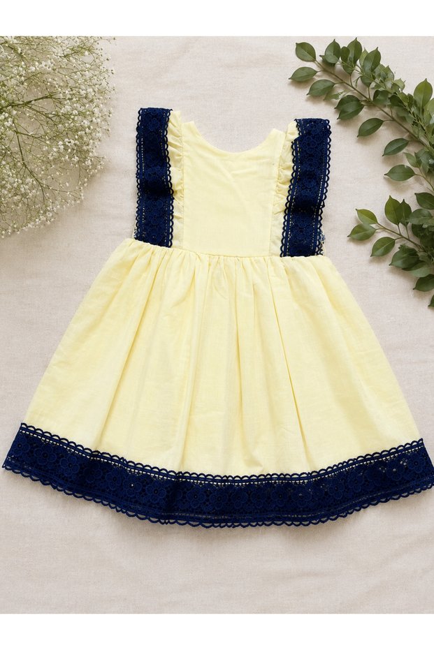 Girl's Linen Dress Navy Blue Lace Detailed Cotton Lined Summer Dress 2-5 Years