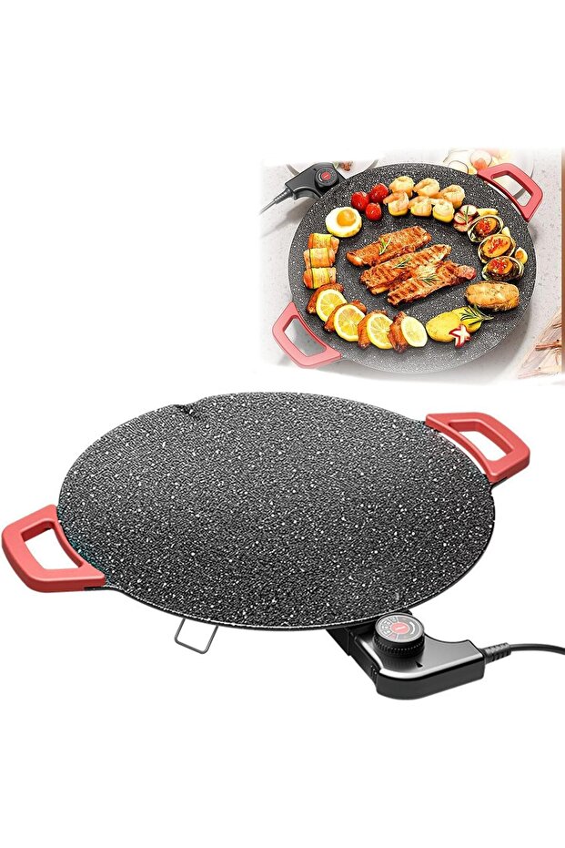 Grill Pan 30cm, Non-Stick Electric BBQ Griddle, Portable Electric Grill Plate with Adjustable Temperature Control
