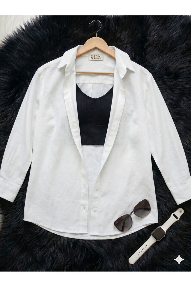Women's Oversize Cut Woven Linen Long Sleeve White Shirt 100% Cotton