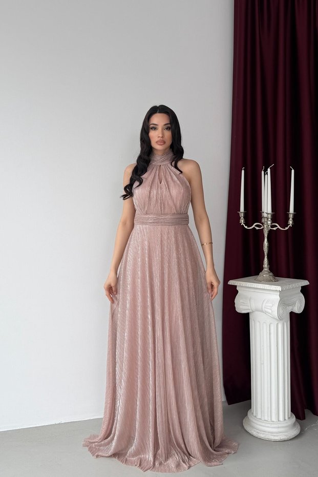 Powder-Colored Halter Neck Long Evening Dress with Waist Detail