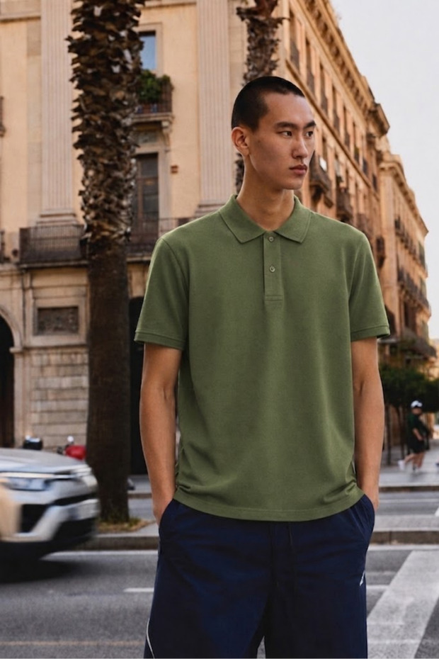Men's Basic Loose Khaki Polo Neck T-Shirt