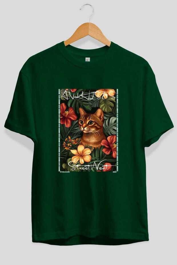 For the Love of Cats 55 Front Cat Printed Green Oversize T-Shirt 100% Cotton Unisex Cat Lover Premium Design