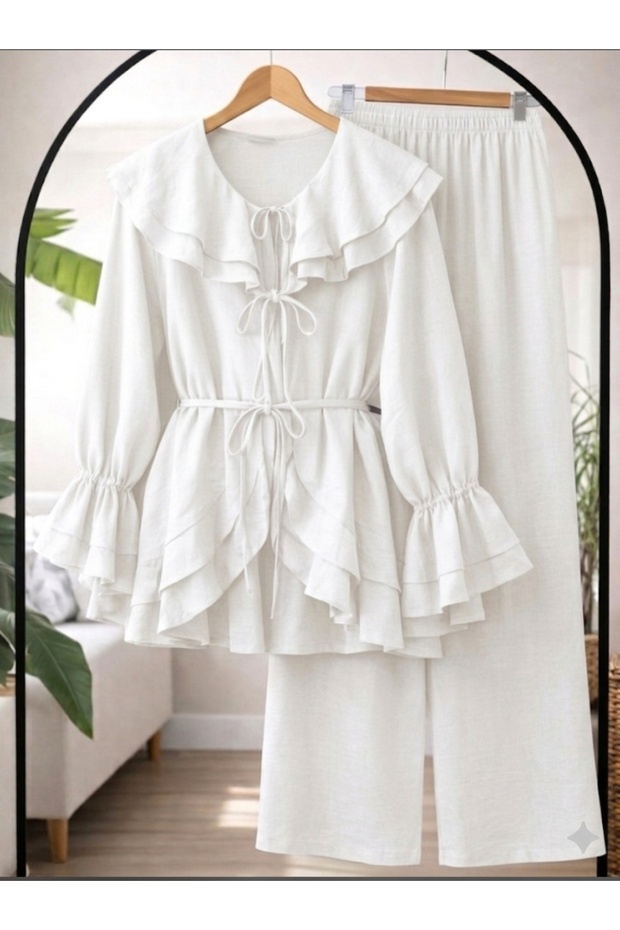 Women's Collar Sleeve Detailed Waist Drawstring Pants Set