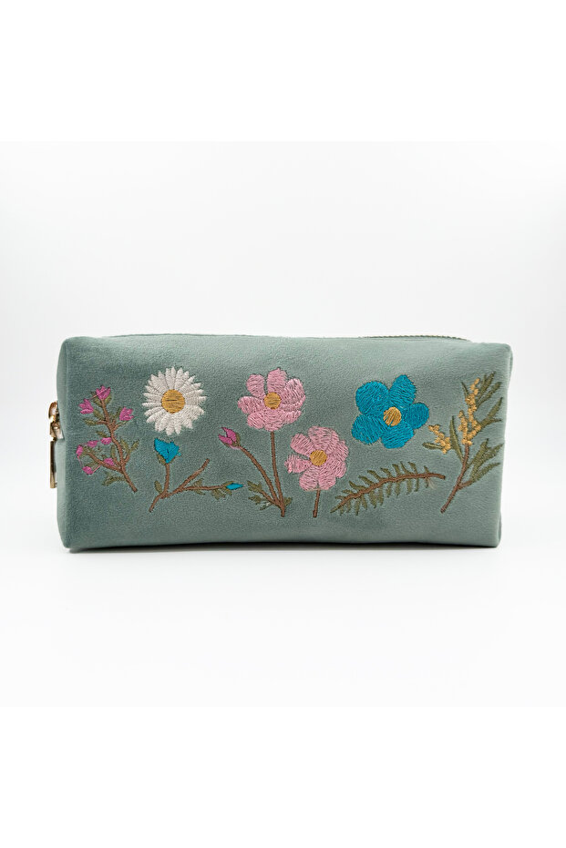 Mint Green Floral Embroidered Velvet Makeup Bag & Organizer 19X7.5X7 cm