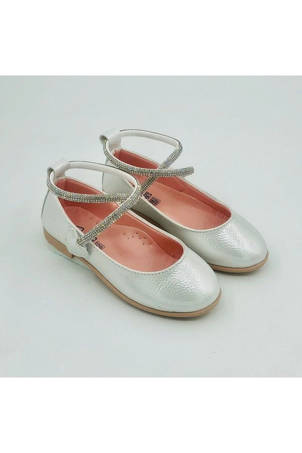 Girl's Cross-Strapped Velcro Ballerina Shoes with Stone and Heart Details