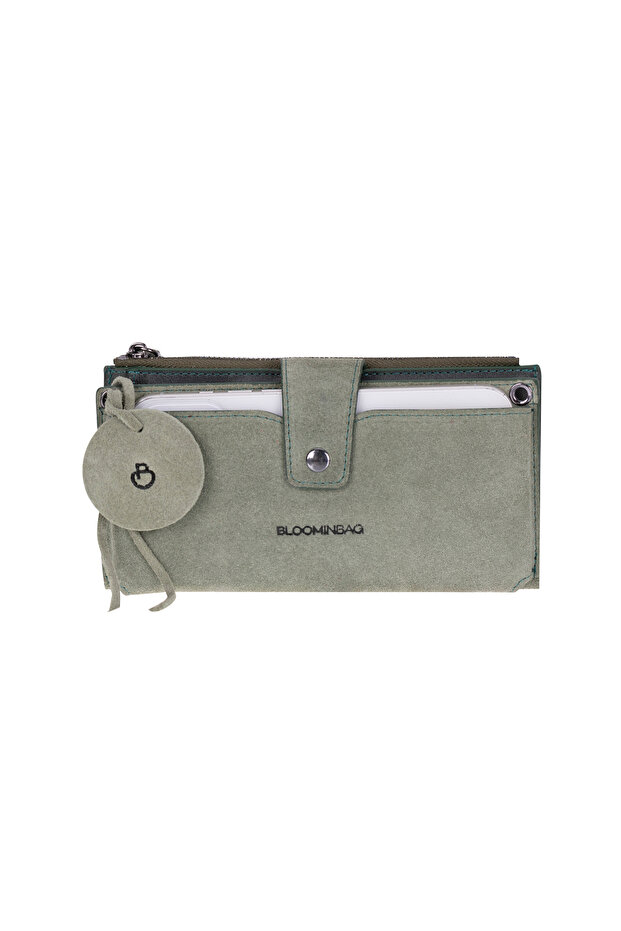 Mint Still Lozan Genuine Suede Crossbody Wallet Bag with Phone Compartment
