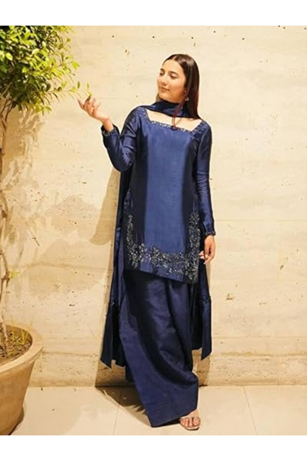 Blue Natural Crepe Silk Embroidered Suit Set - HRT7792 | Blue