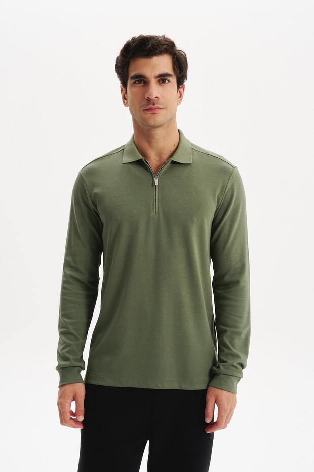 Ar-Ma Men's Polo Collar Sweatshirt, Unprinted, Basic Collar, Zippered, Slim Fit, Double-Sided Interlock K30554