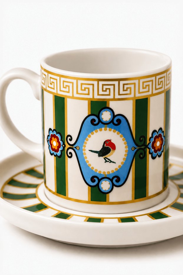 2-Piece Bird Motif Porcelain Turkish Coffee Cup Set with Striped Gold Detail - Green