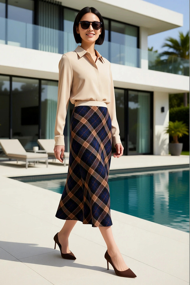 Women's Plus Size Plaid Stone Woven Midi Skirt a Line Cut Flannel Fabric Elegant Casual Comfortable Modern