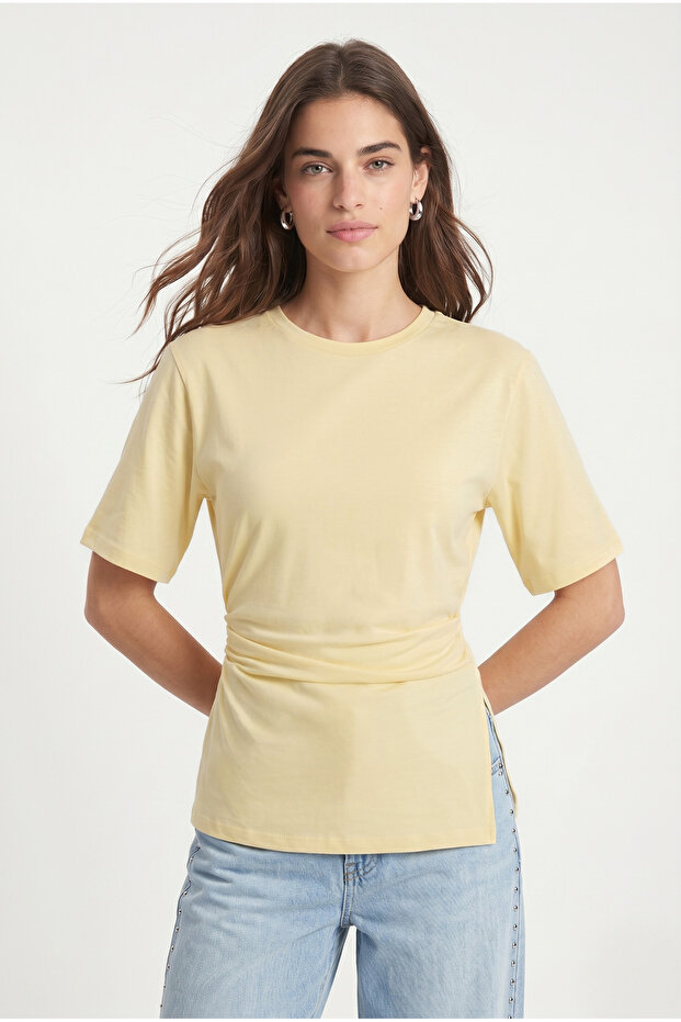 Women's Pam 100% Cotton Gathered Asymmetrical Knitted Yellow Blouse