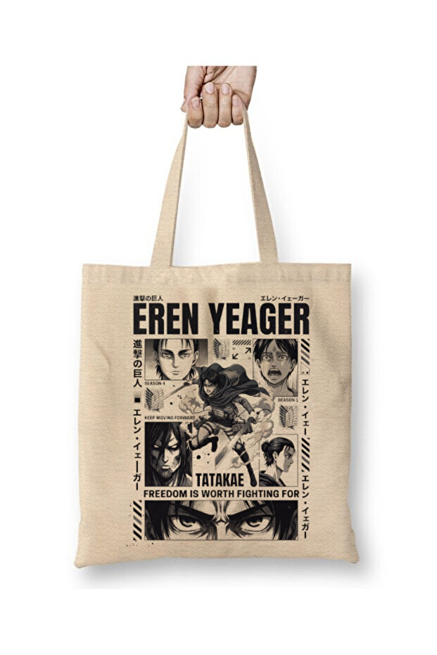 Eren Yeager Attack on Titan White Tote Bag Long Handle Shopping Bag Beach Bag