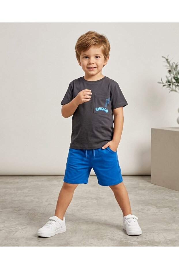 Boy's Summer Chicago Printed Short Sleeve 2-Piece Set with Shorts for Ages 2-3-4-5-6