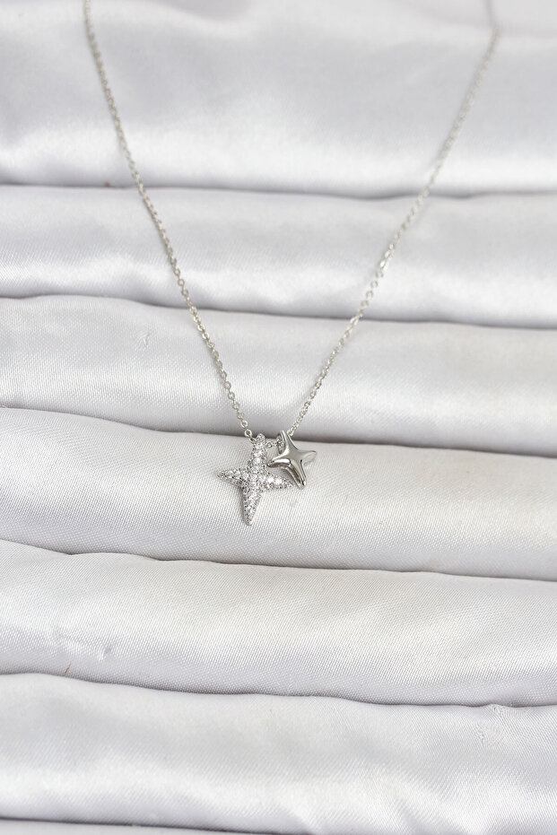 Brass Silver Color Minimal Pole Star Model Women's Necklace -
