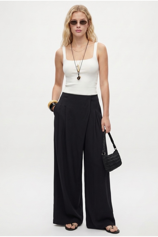 Women's Harper Elastic Waist Woven Modal Design Black Wide Leg Pants
