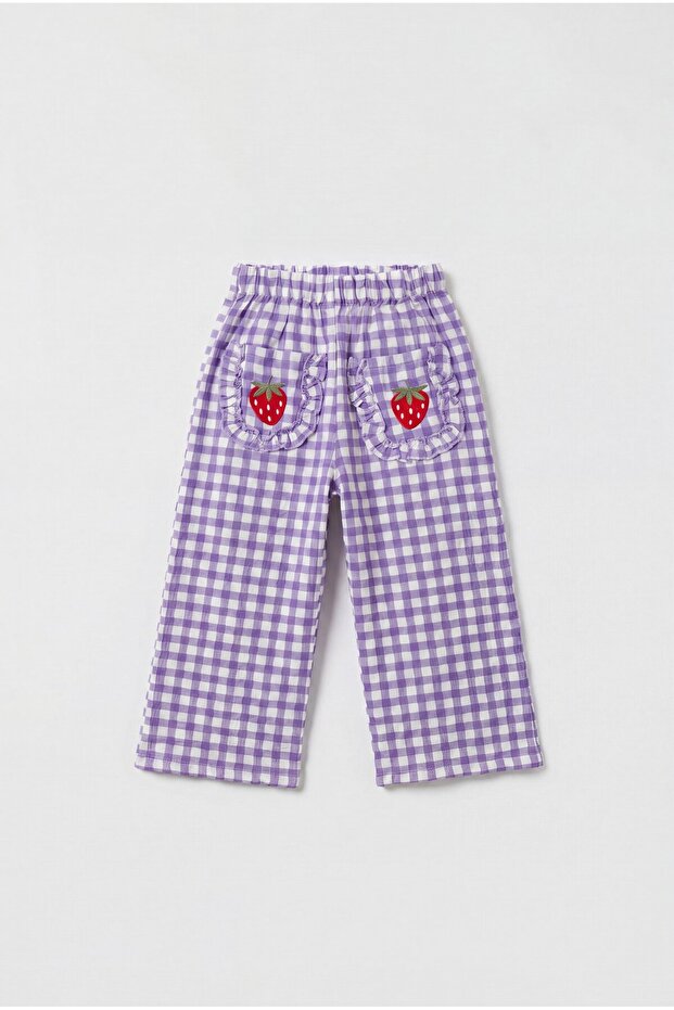 Girl's Cotton Lilac Gingham Strawberry Embroidered Tracksuit