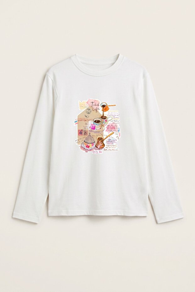 Women's Long Sleeve T-Shirt Coffee Journal Printed White – Stretchy Fabric, Comfortable Fit, Crew Neck