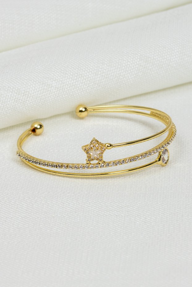 3 Row Gold Bracelet with Star Solitaire Stone Figure and Stones