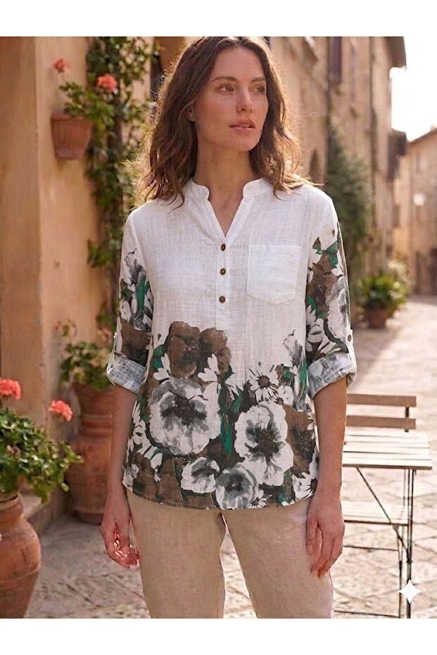 Women's Italian White Three-Button Collar Floral Pattern Pocketed 100% Cotton Blouse