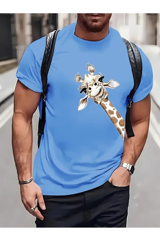 Men's Side Giraffe Giraffe Printed Oversize Crew Neck T-Shirt