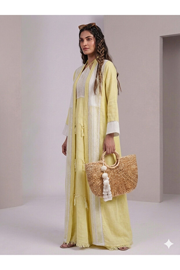 2 Pieces yellow Linen abaya with crochet embroidery.