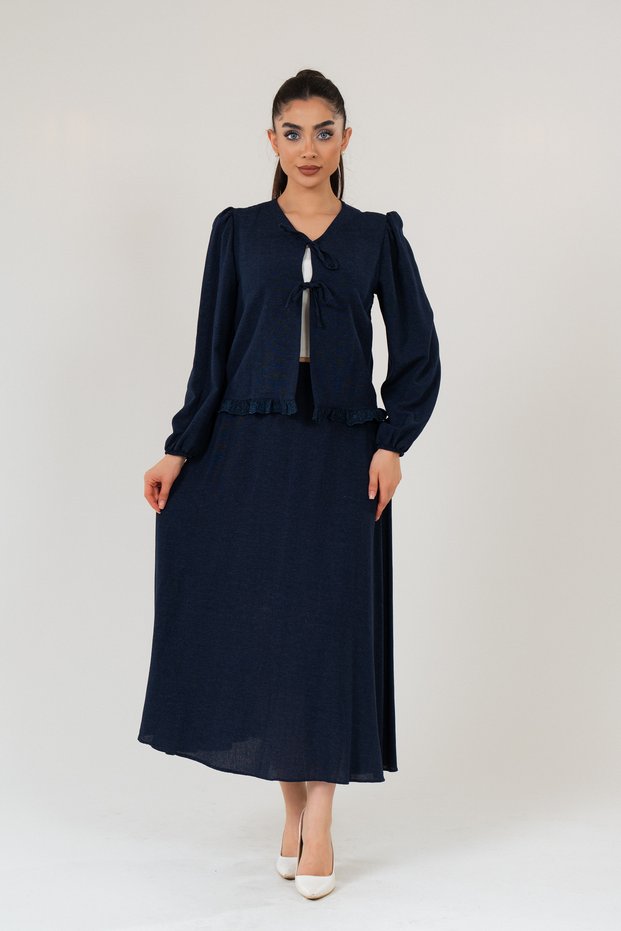 Women's Navy Blue Linen Lace Detailed Skirt Suit