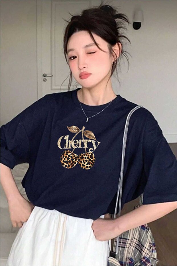 Women's Leopard Cherry Print Design Tshirt