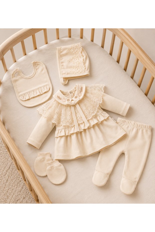 5 Piece Newborn Baby Girl Hospital Discharge Set with Mini Lace Collar – Ecru