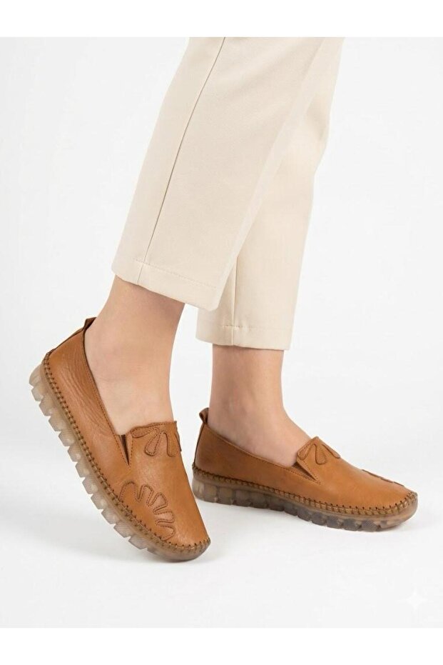 Women's Tan Genuine Leather Orthopedic Soft Sole Casual Shoes