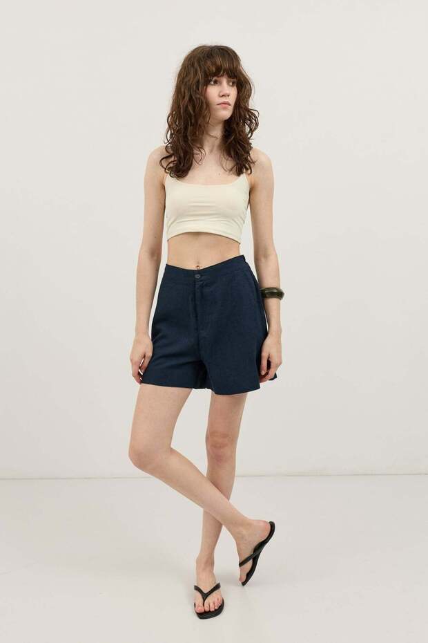 Navy Blue Linen Blend Women's Shorts