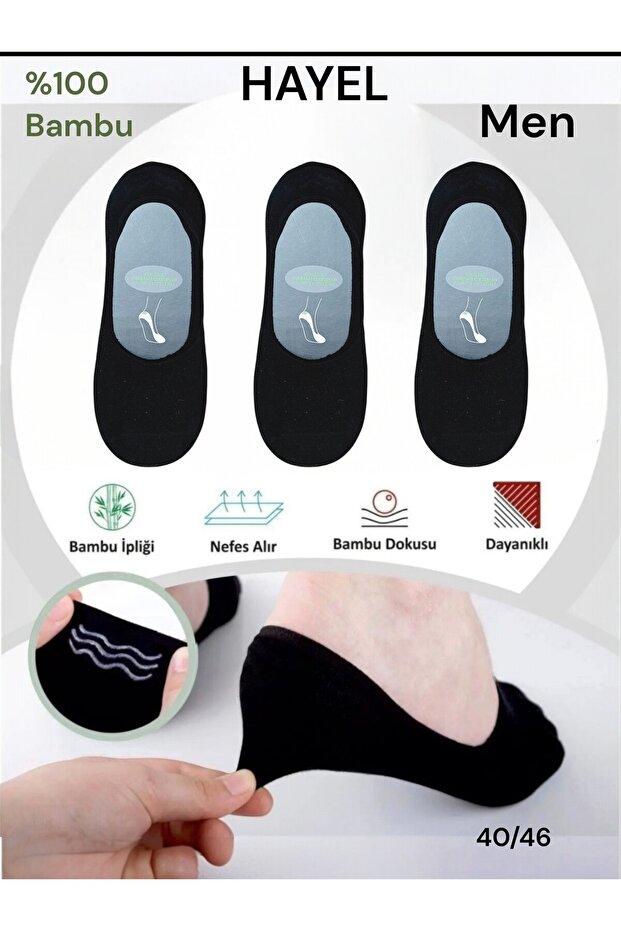 3 Pack Black, Bamboo Men's Ballerina Black Socks Seamless Invisible Slider Heel Silicone Premium