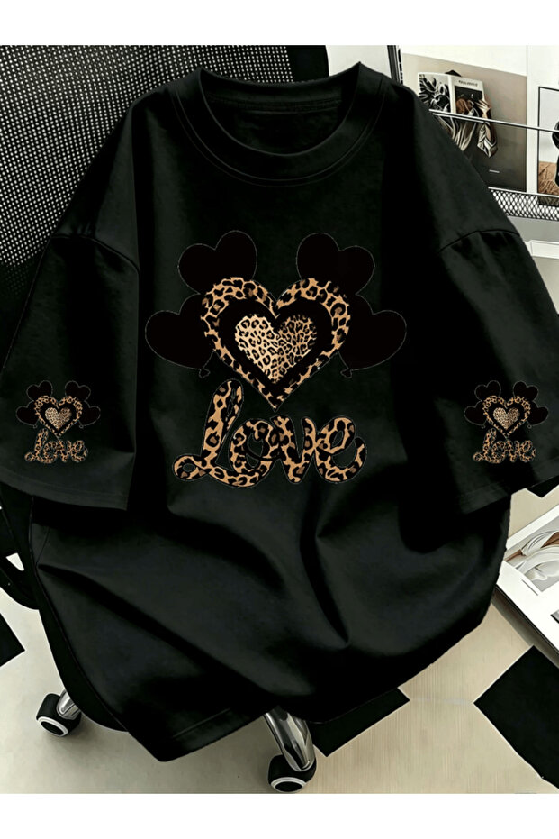 Special Design Leopard Love Lettering Balloon Print Premium Oversize T-Shirt for Women