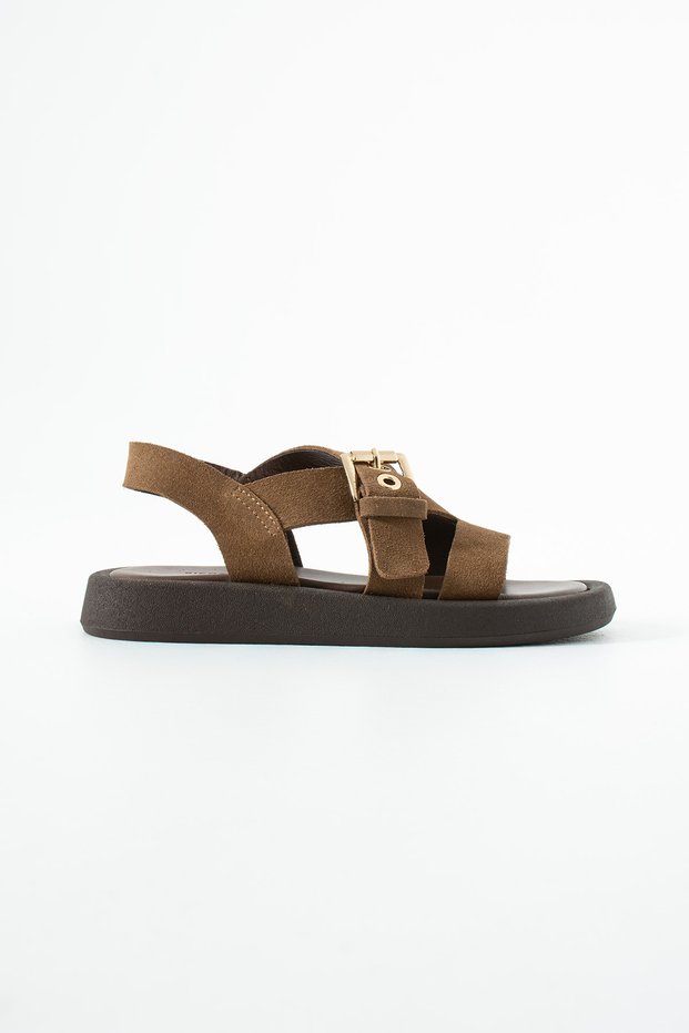 Veyron Women's Genuine Leather Sandals with Gold Buckle and Light Sole, Tan Suede