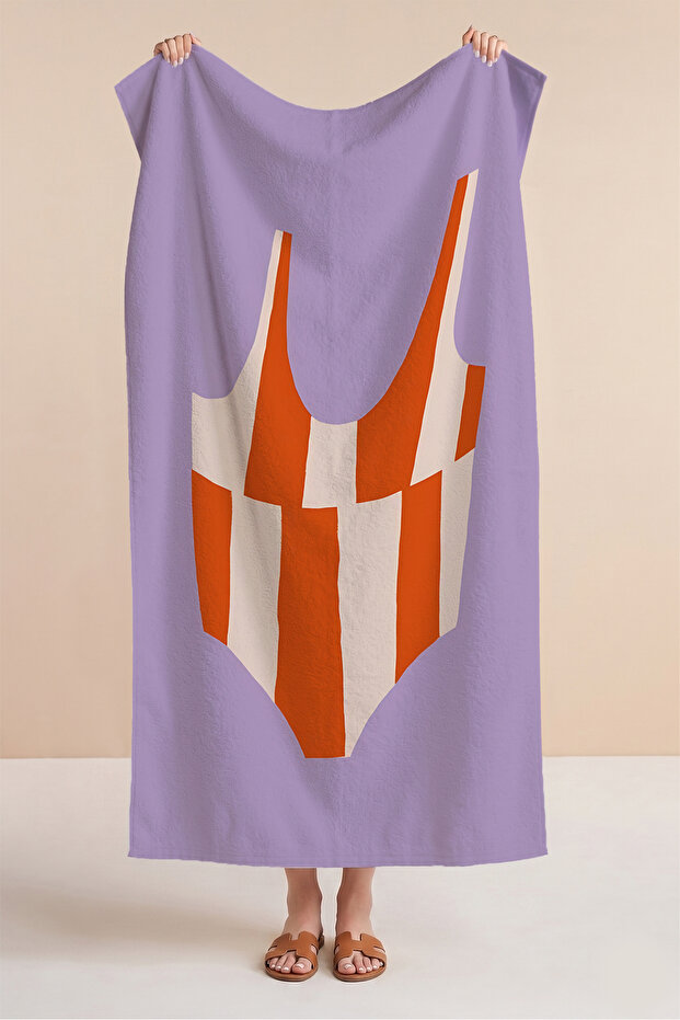 Lilac Beach Towel with Striped Swimsuit Motif - Modern Mediterranean Orange White Quick-Drying Microfiber Towel