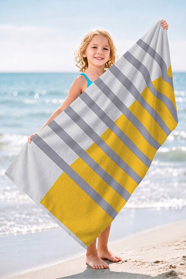 Striped Yellow and White Modern Beach Towel - Minimalist Gray Mediterranean Quick-Dry Microfiber Towel Coverlet
